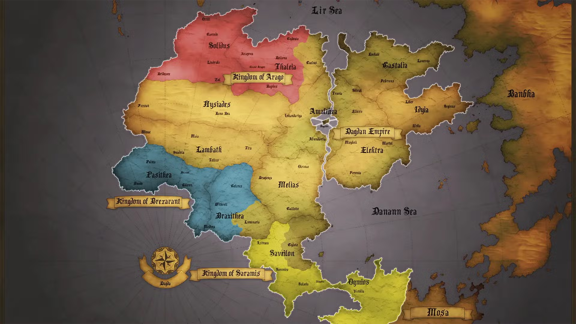 达格达大陆地图(官方):分为达格达帝国直辖地和三个主权王国——阿拉戈、布雷扎兰特、萨拉米斯,各自标有颜色