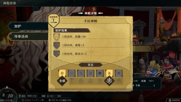 卡拉神殿资料页:上方为各级加护效果,下方一周七格显示对应曜日,适合对照奉仕活动日程。(日文版界面)