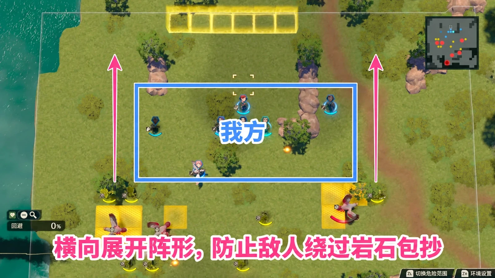 防线需要横向覆盖两侧，不只守中央狭道。